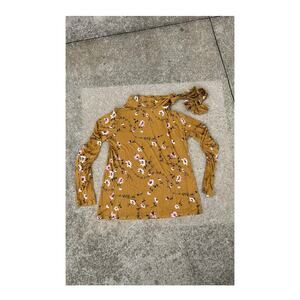 Ann Taylor Shirt Women Size Medium Mustard Floral Tie Neck Long Sleeve Blouse